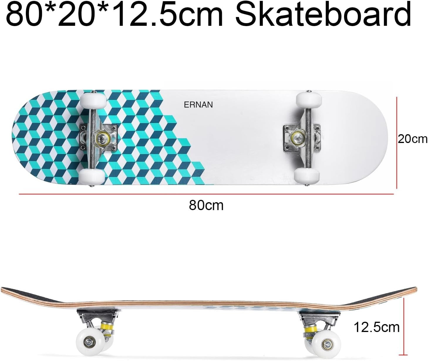 31in Beginner Skateboard Double Kick Maple Deck Ocean Blue Adults Kids + Tool