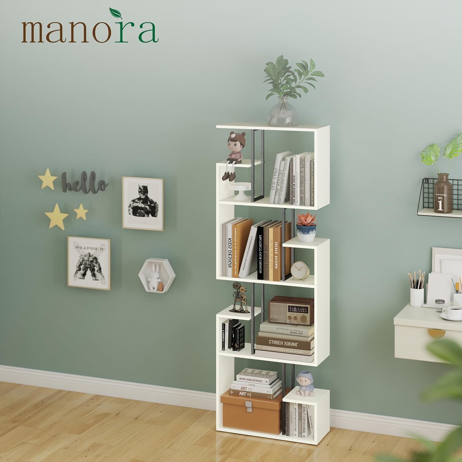 White 4-Tier Slim Bookcase Room Divider, Asymmetric Display Storage Shelf