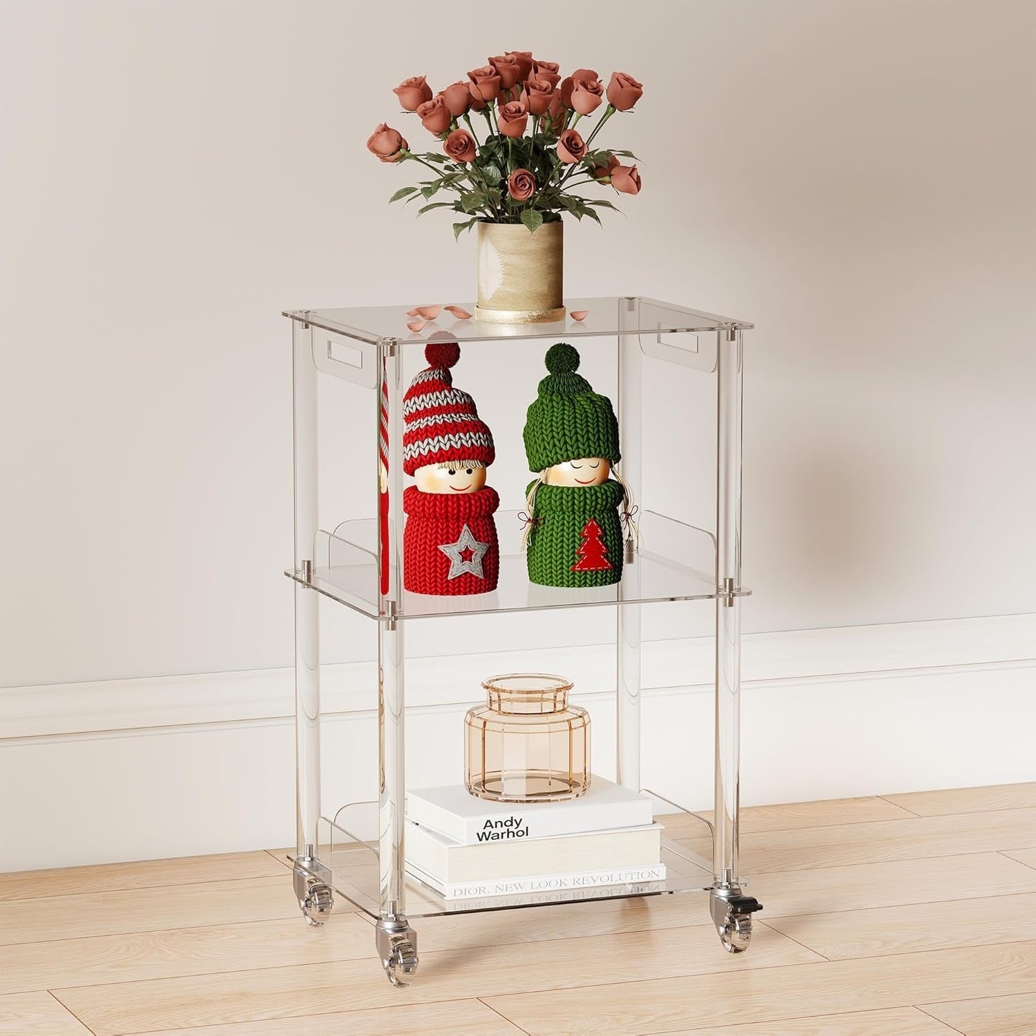 Clear Acrylic 3-Tier Side Table with Wheels – Modern Rolling Storage Stand