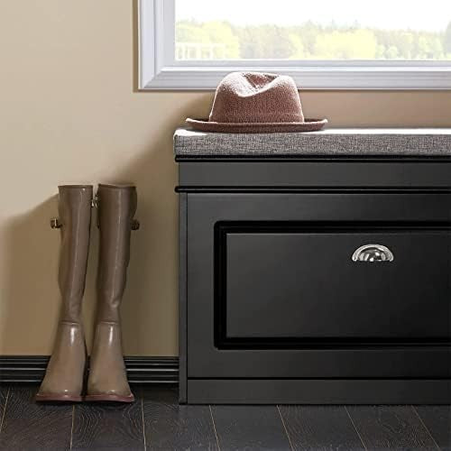 Black Shoe Storage Bench with Cushion & Flip Drawer – Slim Hallway Cabinet