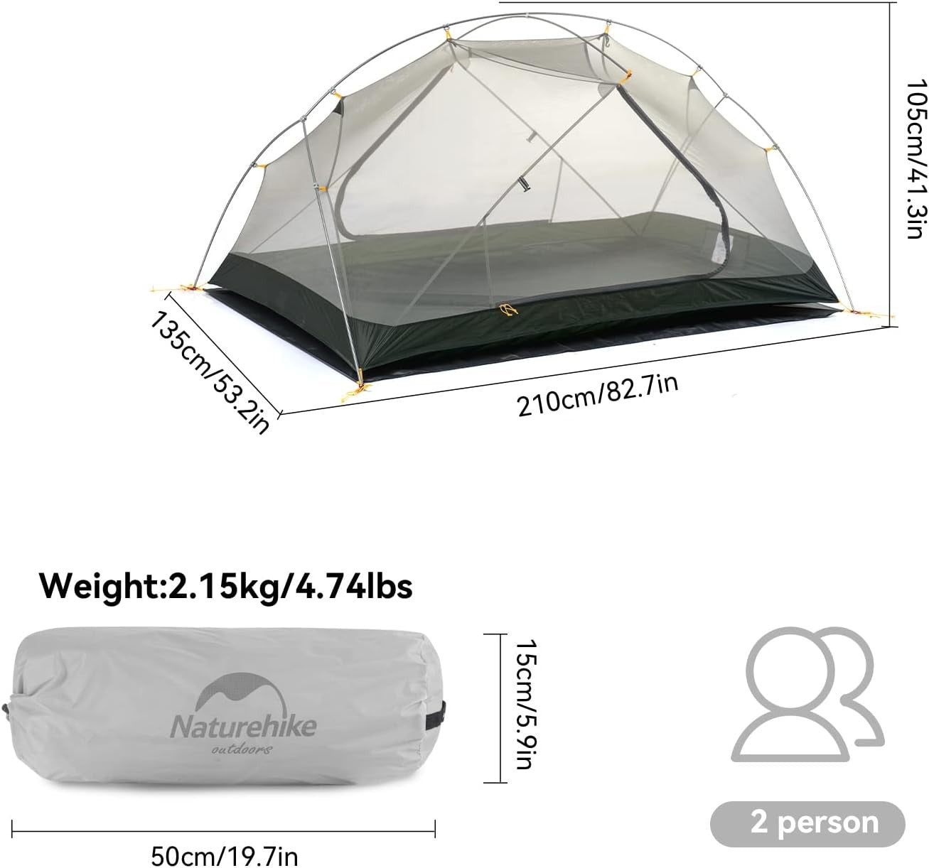 Ultralight 2 Man Camping Grey Tent Waterproof Double Layer Hiking