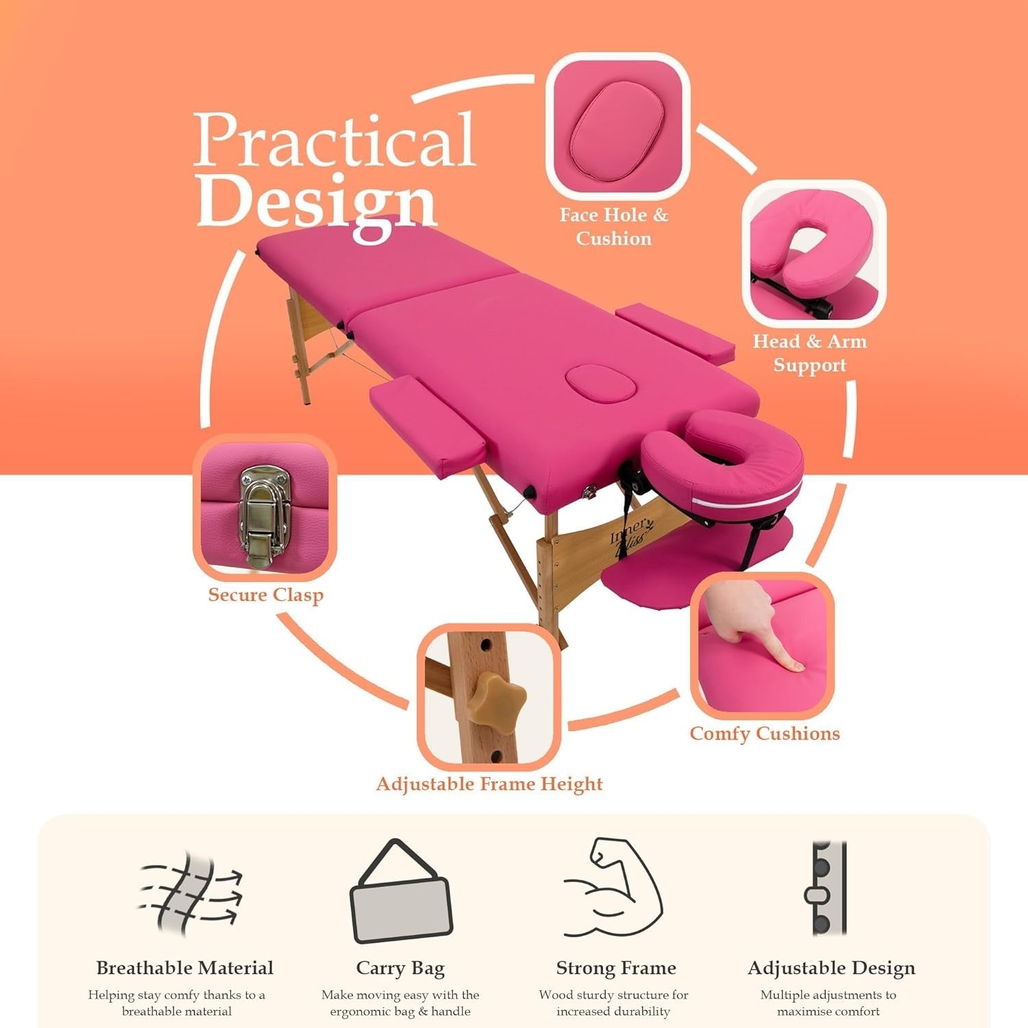 Portable Massage Table 2-Section Wooden Folding Beauty Therapy Couch Pink