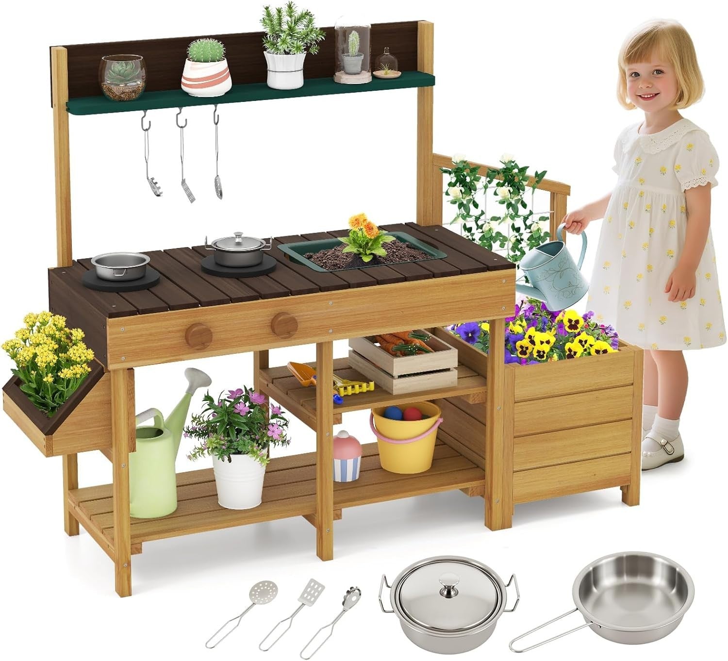 Outdoor Mud Kitchen Kids Garden Potting Bench Sink Wooden Playset