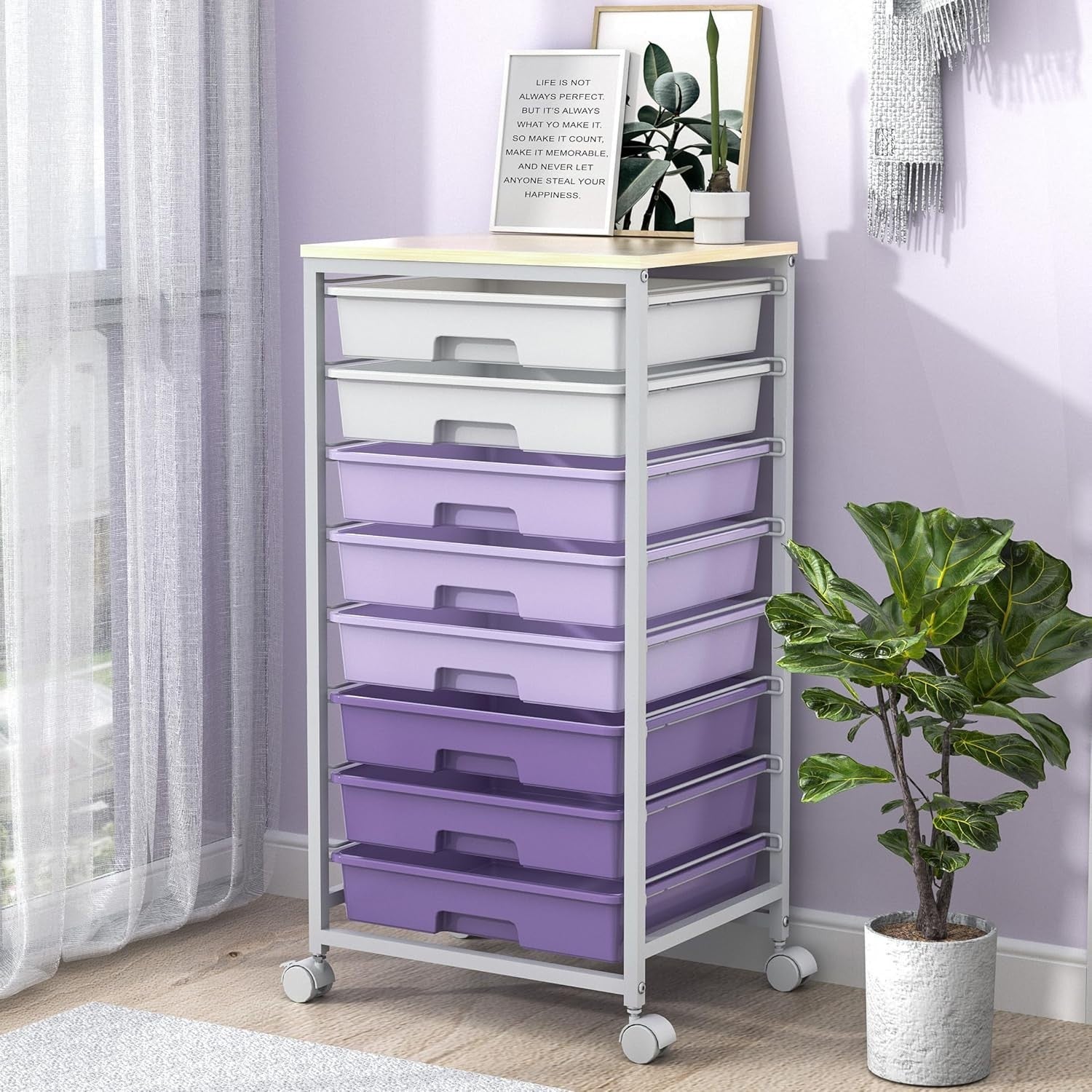 8 Drawer Mobile Storage Cart Purple Rolling Organizer Trolley Wheels