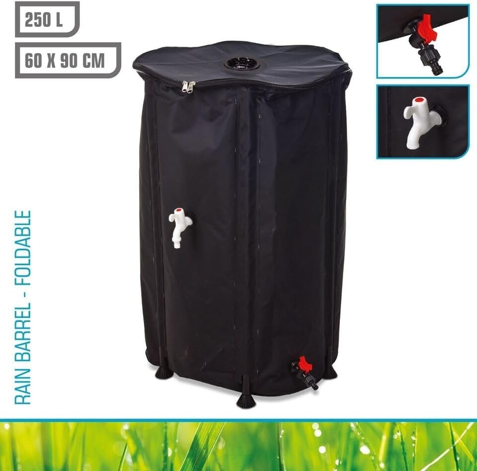 250L Black Collapsible Rainwater Barrel W/Tap Foldable Outdoor Water Collector