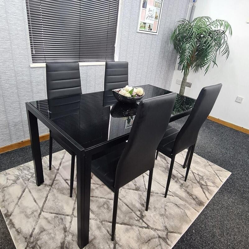 Black Glass Dining Table Set with 4 Leather Chairs Modern Kitchen 120cm