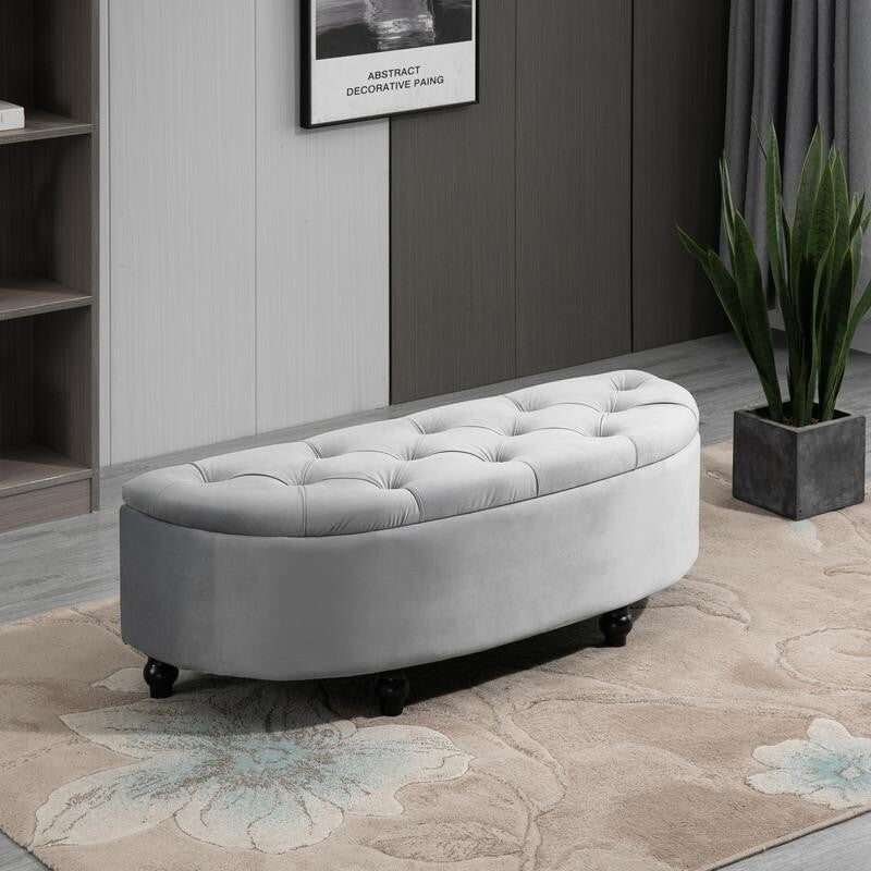 Grey Storage Ottoman Bench Tufted Velvet Seat End of Bed Entryway Stool
