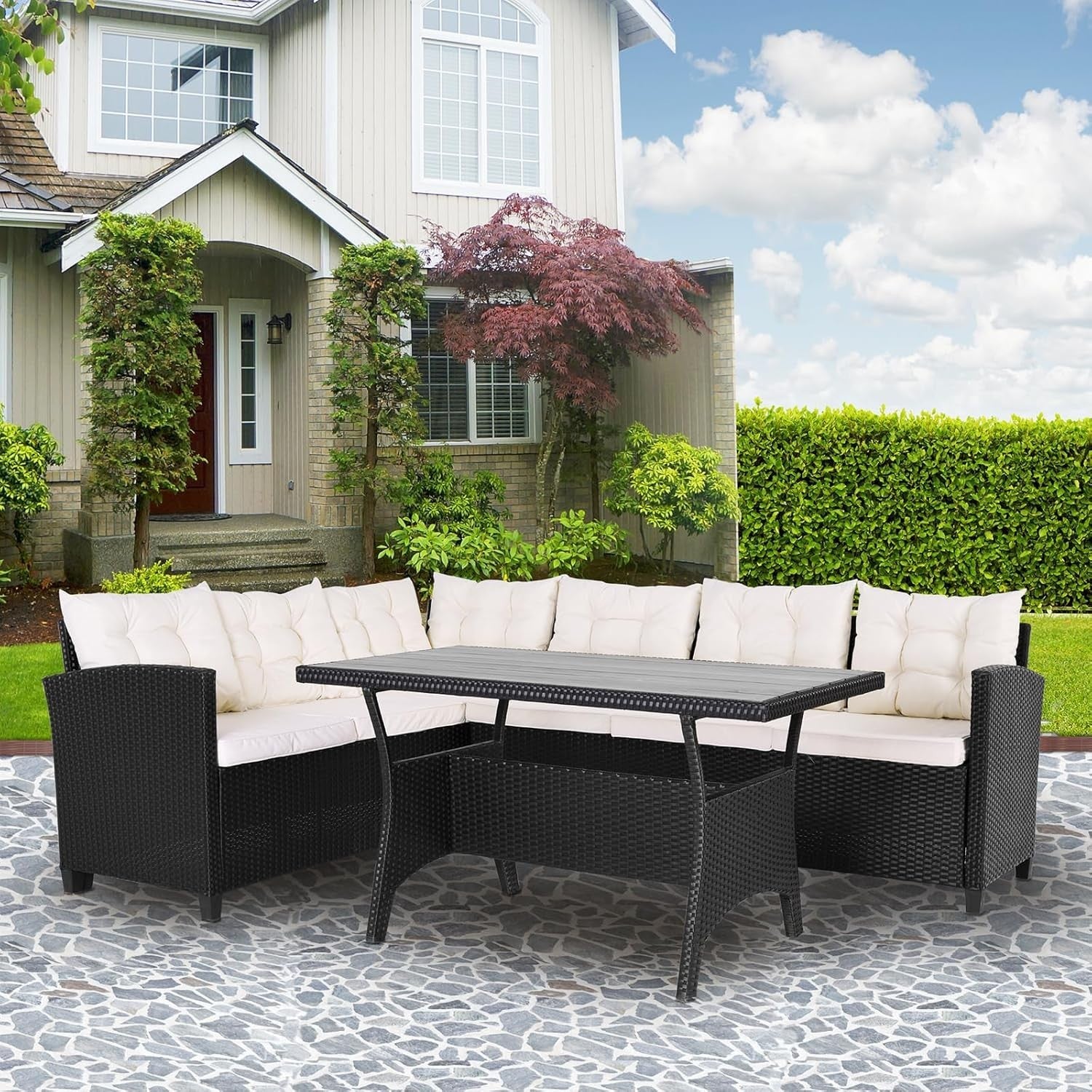 Outdoor Poly Rattan Corner Dining Set | Weatherproof Patio Sofa w/ Cushions