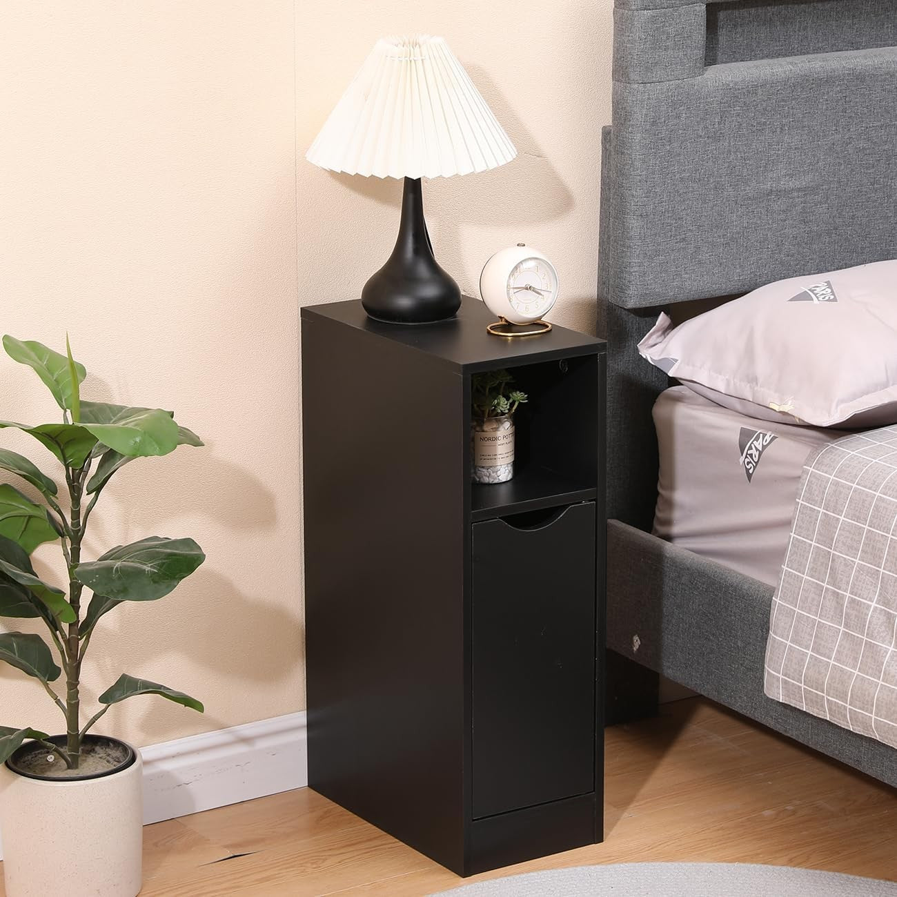 Slim Black Bedside Table with Drawer & Shelf, Modern Narrow Nightstand Storage