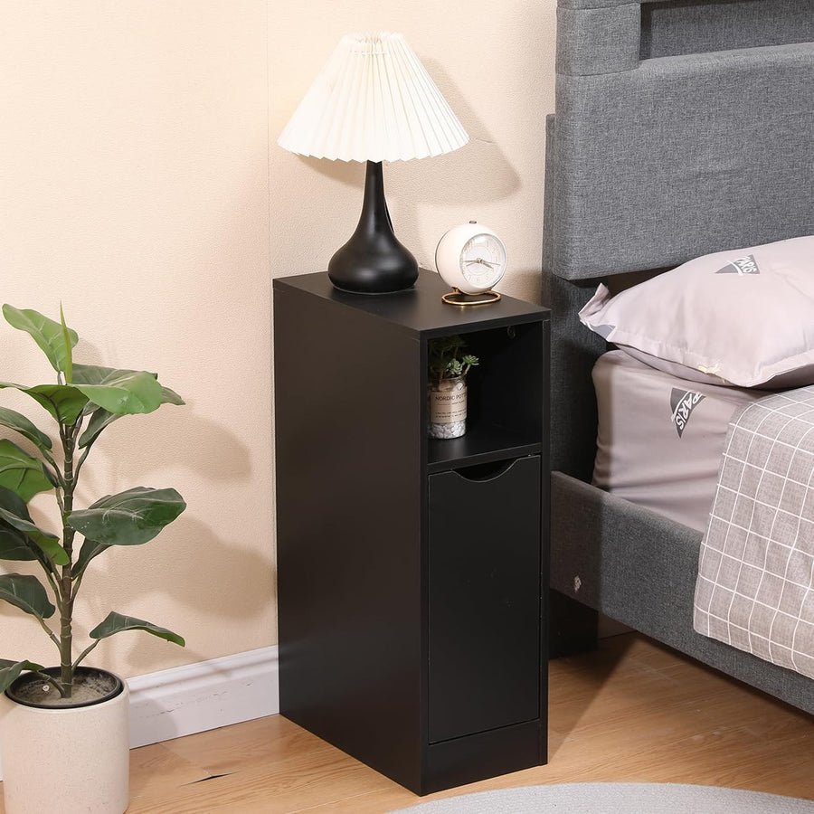 Slim Black Bedside Table with Drawer & Shelf, Modern Narrow Nightstand Storage