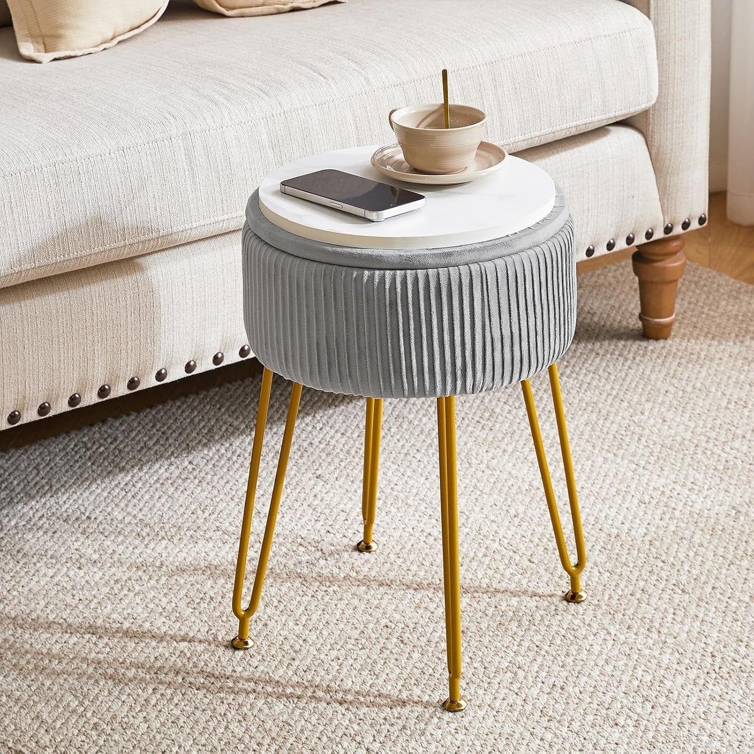 Grey Velvet Storage Footrest Ottoman – Round Vanity Stool with Gold Legs