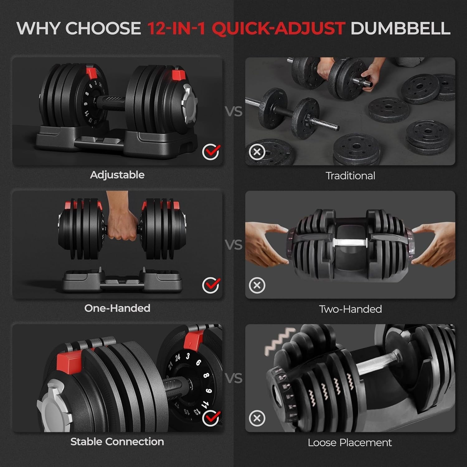Adjustable Dumbbell Set 24kg 12-in-1 One-Second Dial Space-Saving Gym