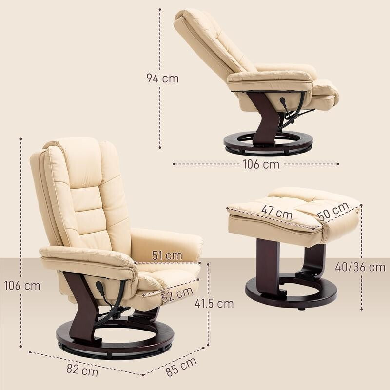 Recliner Chair & Footrest PU Leather Swivel Lounge Armchair w/ Wood Base
