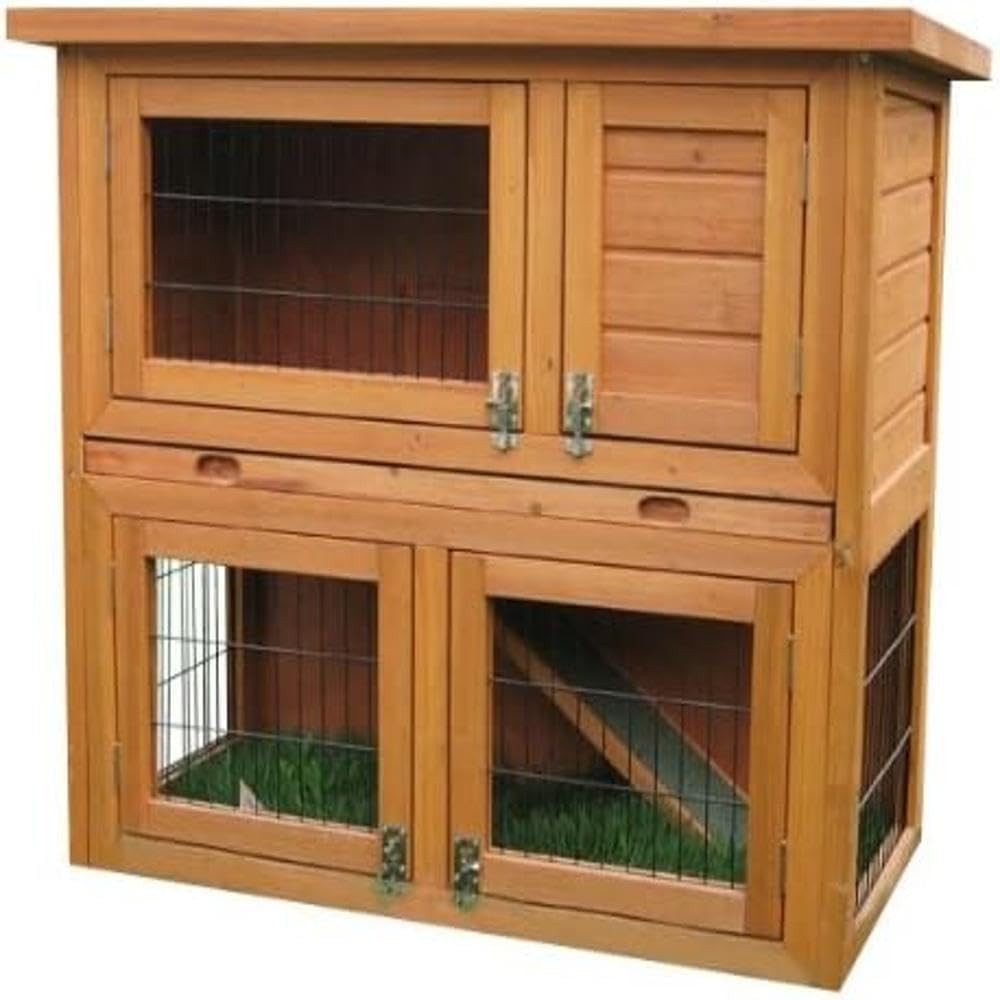 Rabbit Hutch Double Decker Outdoor Wooden Guinea Pig Cage with Ramp Tray