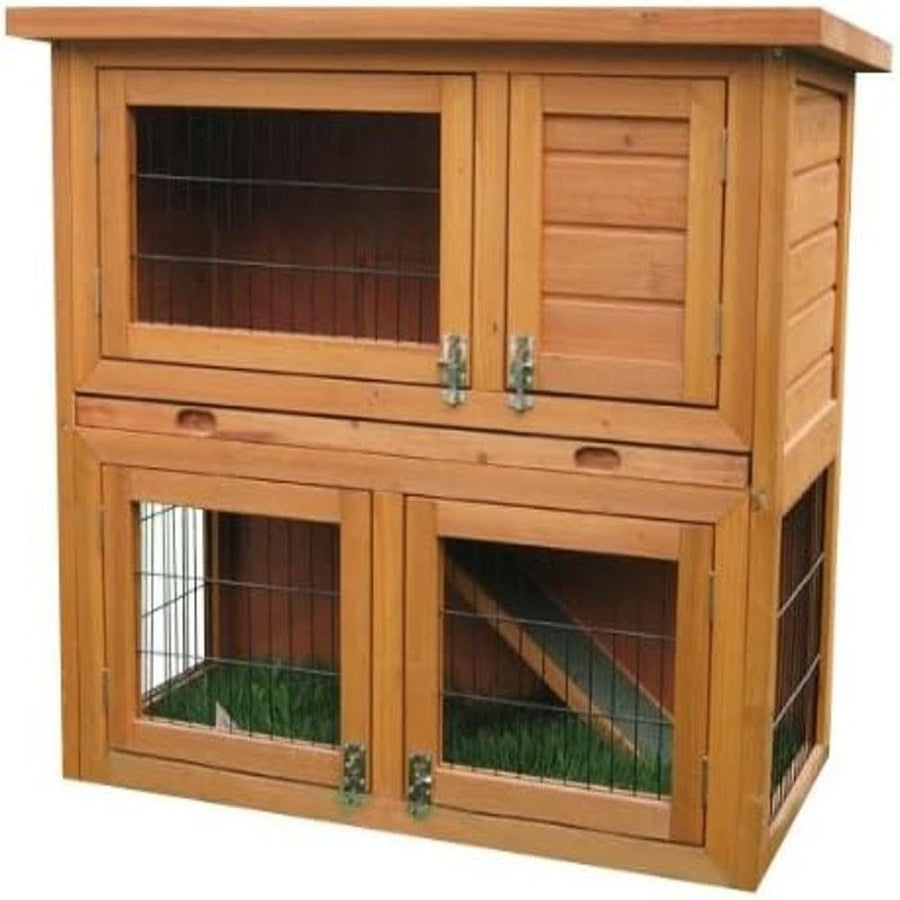 Rabbit Hutch Double Decker Outdoor Wooden Guinea Pig Cage with Ramp Tray