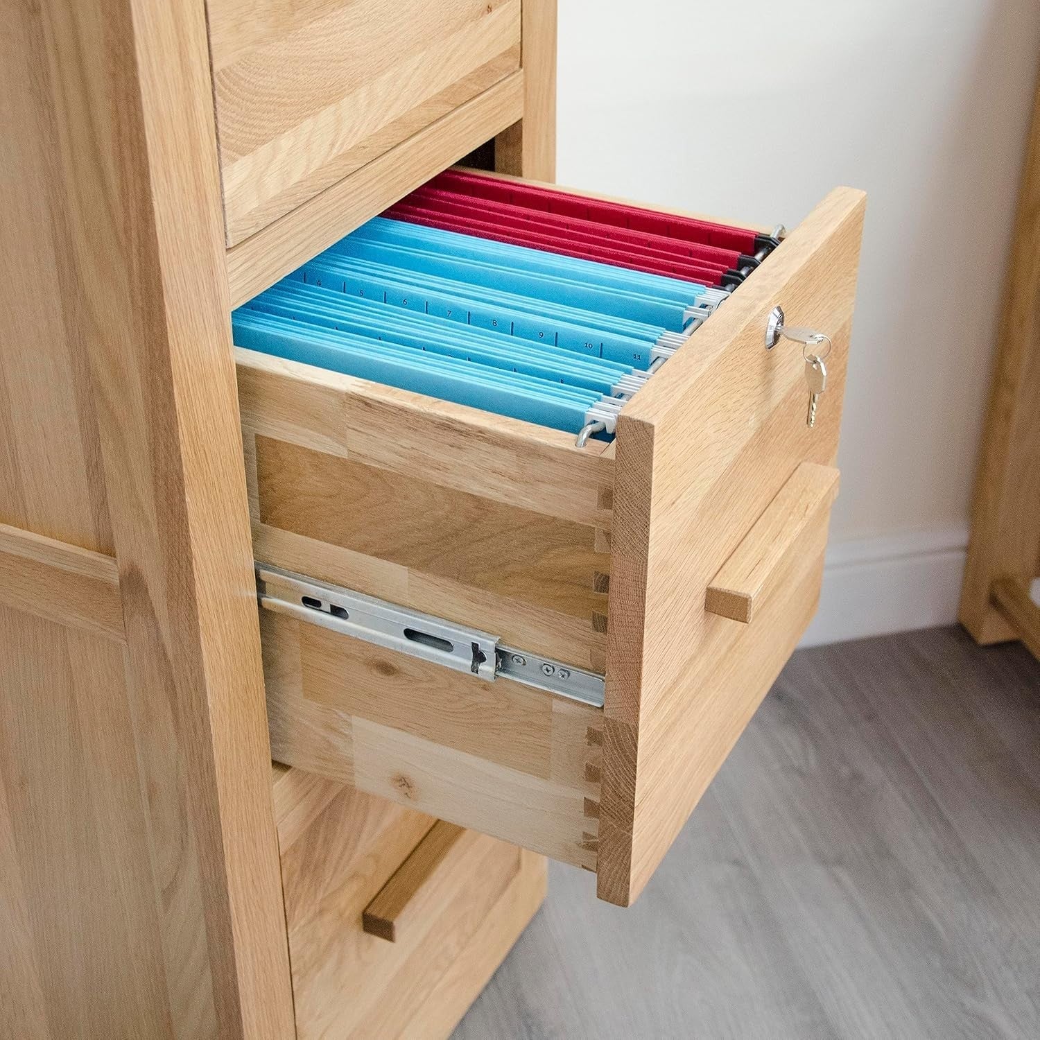 Solid Oak 3 Drawer Filing Cabinet Lockable A4 Tall Home Office