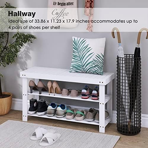 3-Tier White Bamboo Shoe Rack Bench with Storage Shelf & Durable Design