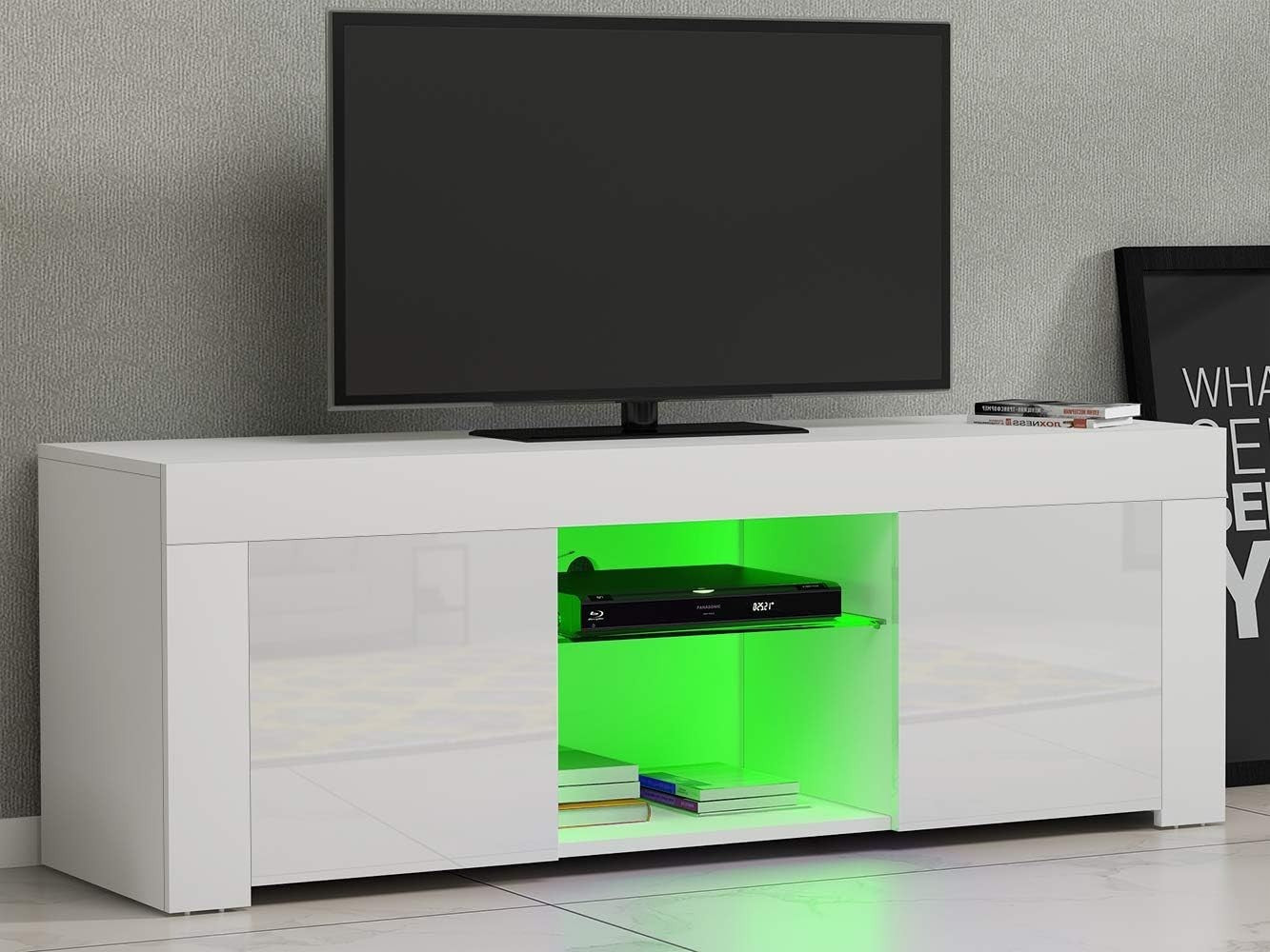 White Modern TV Stand for 50” TVs with RGB LED Light & Storage Cabinets