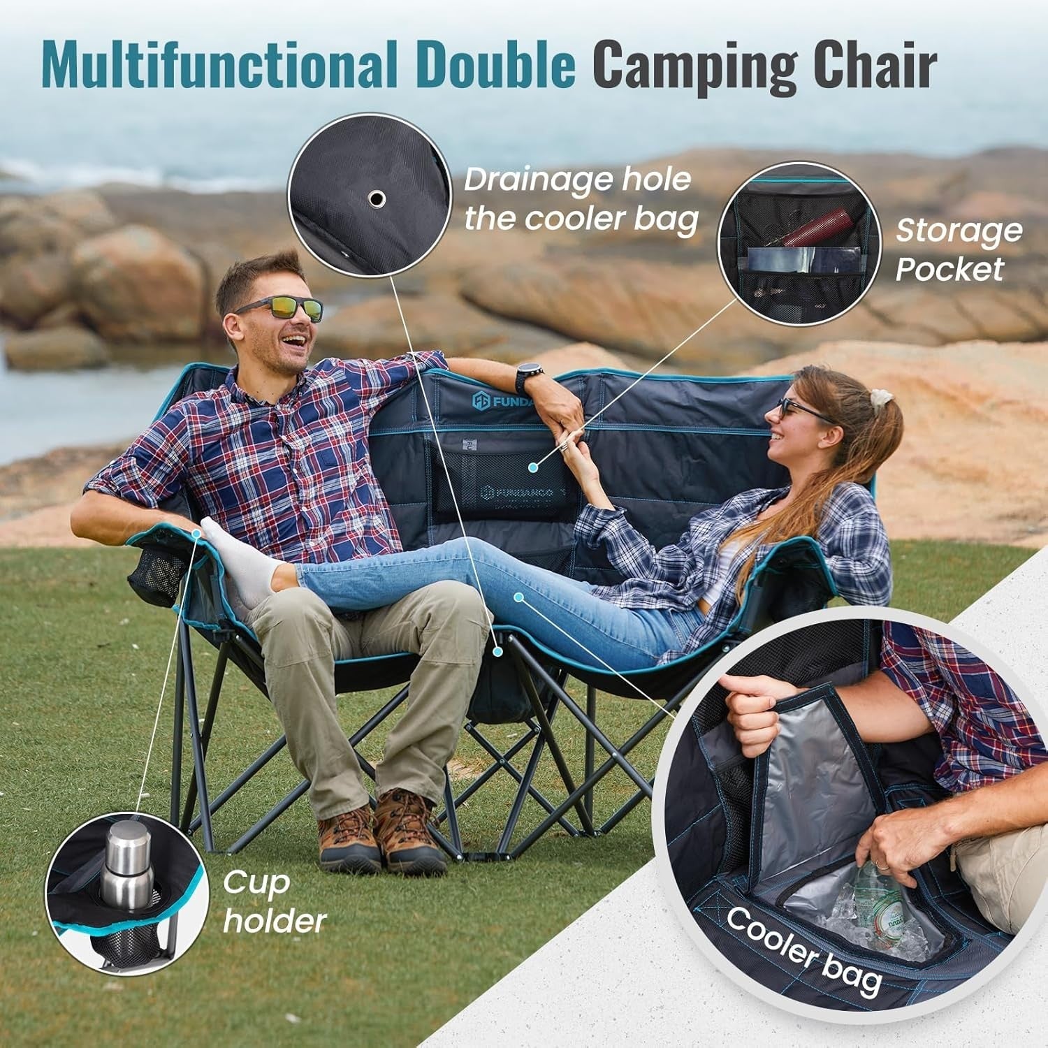 Double Camping Chair 2-Seater Foldable Sofa with Cooler Bag & Padded Seat
