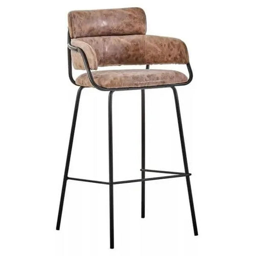 Brown Faux Leather Bar Stool Padded Seat with Arms & Metal Legs 96cm High