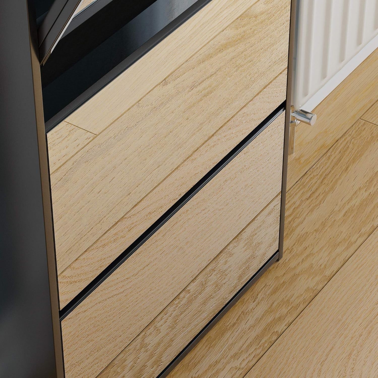 Mirrored 3-Drawer Shoe Cabinet Hallway Storage Unit 62x16.5x100cm Black