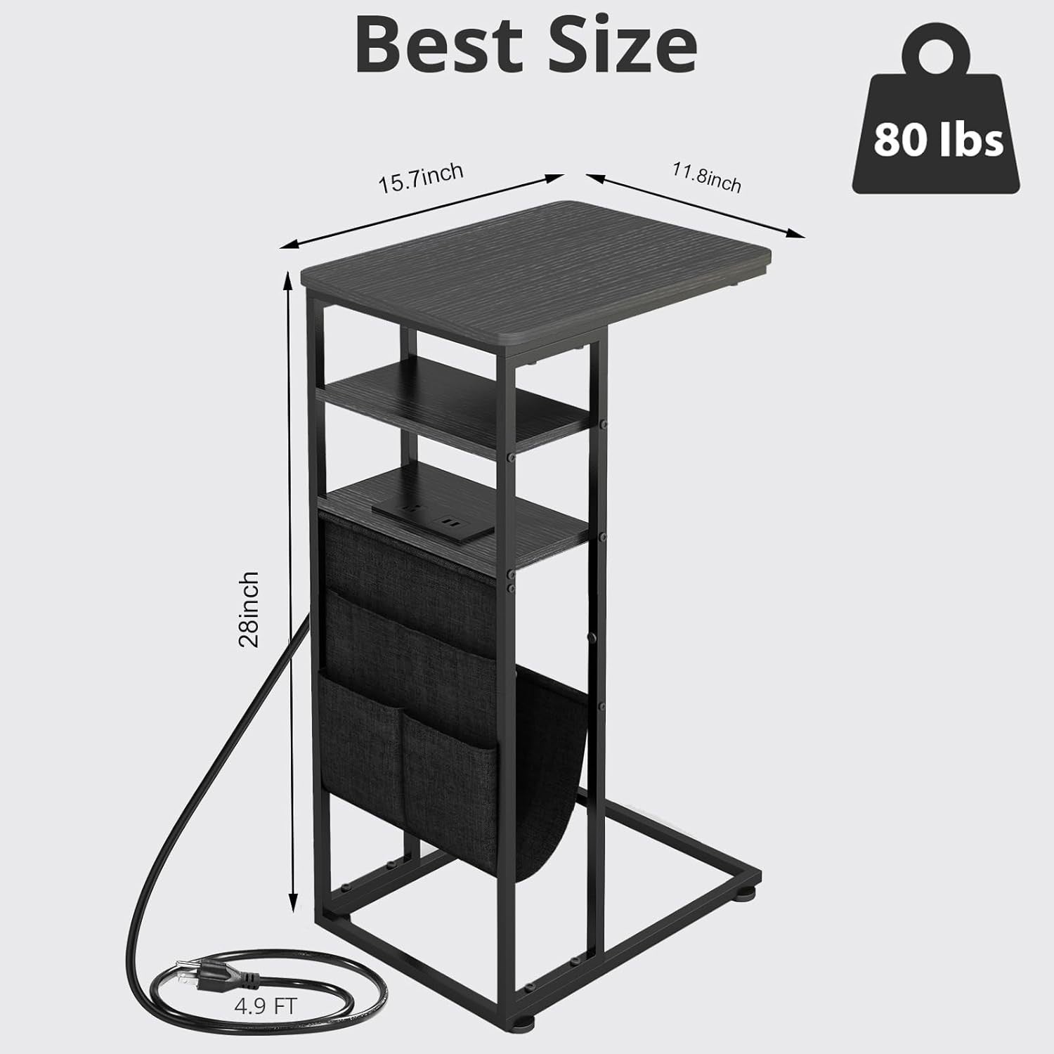 C-Shaped End Table with Charging Station, Storage & Slim 3-Tier Design