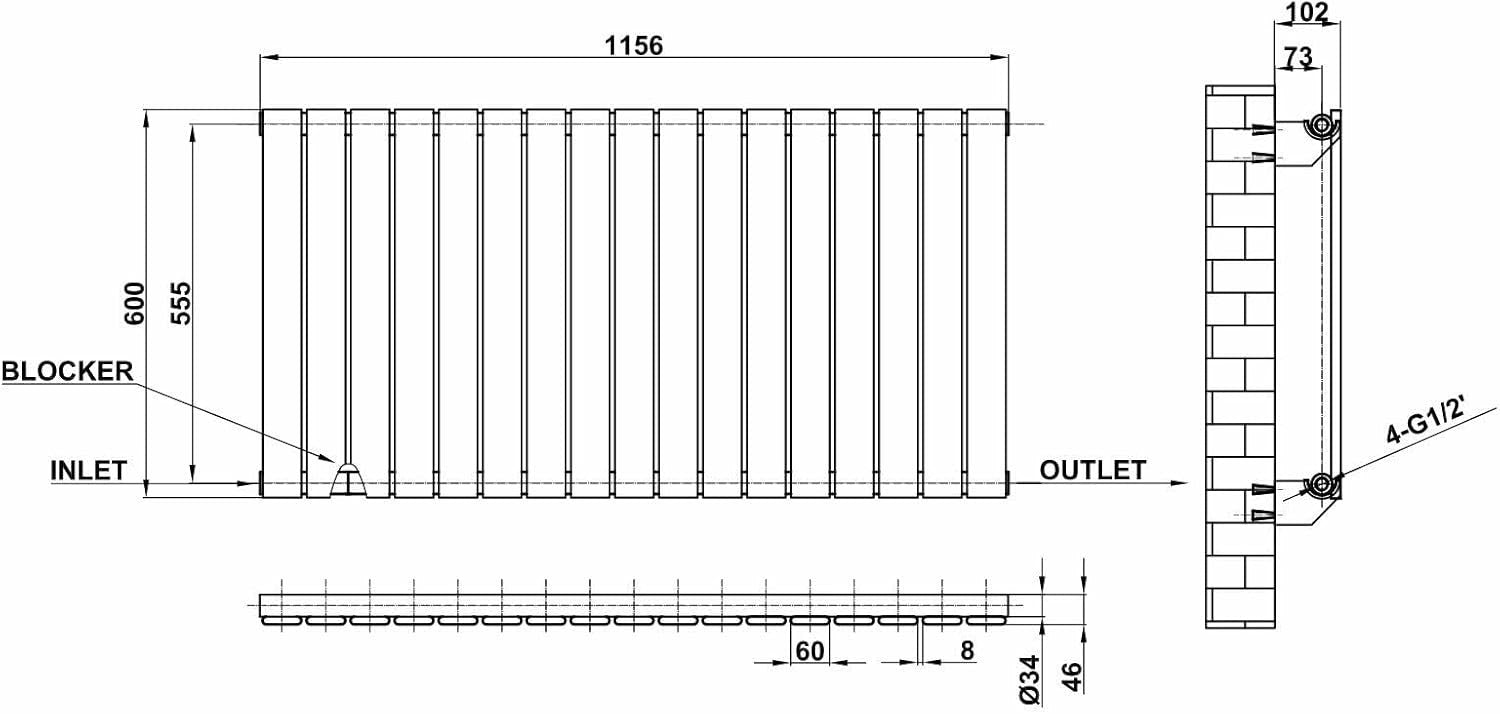 Horizontal Flat Panel Radiator 600x1156mm White Modern Central Heating