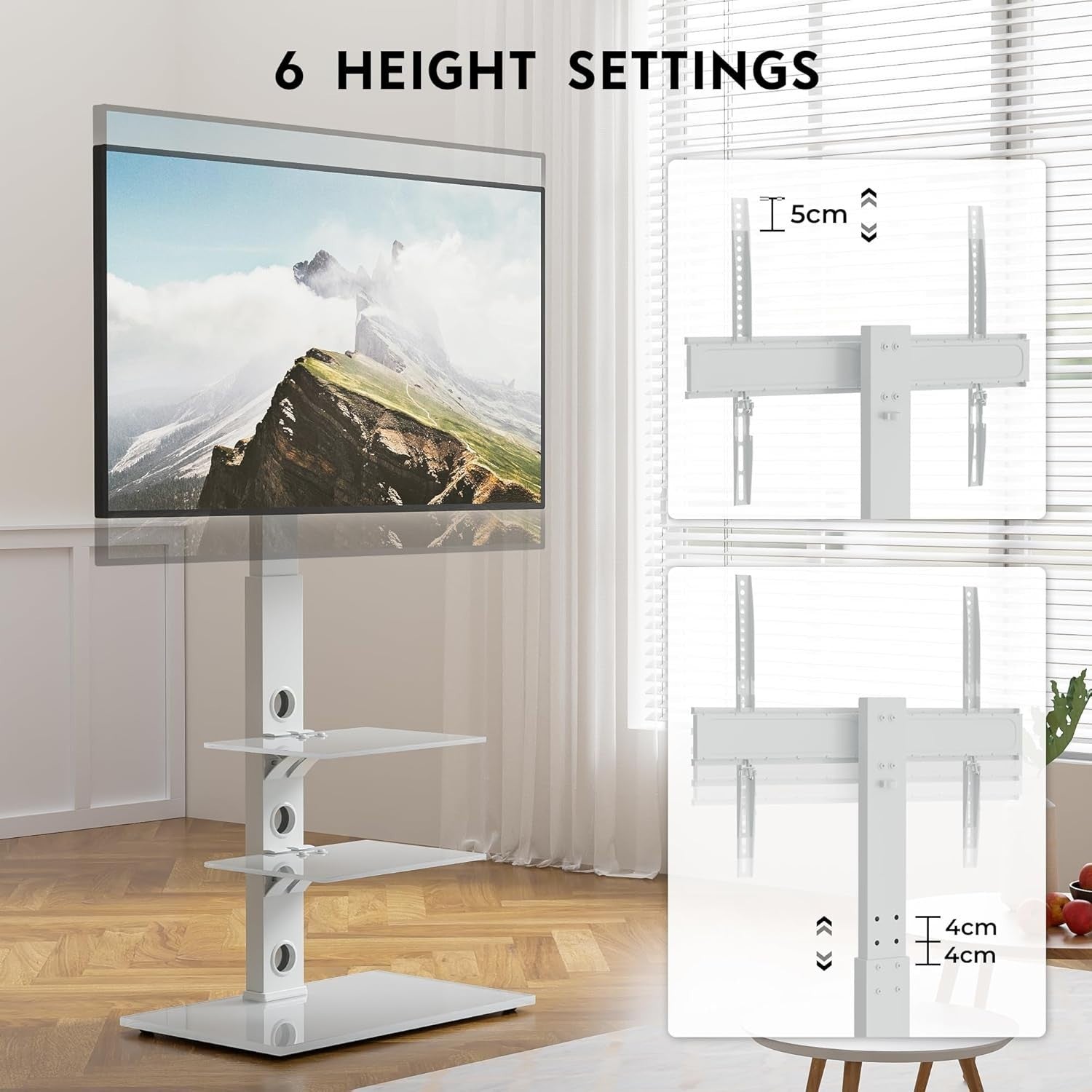 Universal White TV Floor Stand 30-70" Adjustable Height Swivel 3-Tier Shelves
