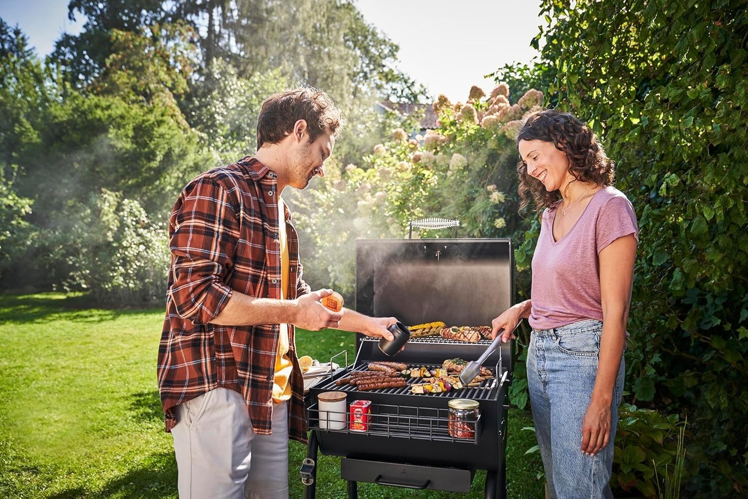 Large Charcoal BBQ Grill with Adjustable Grate & Side Shelf