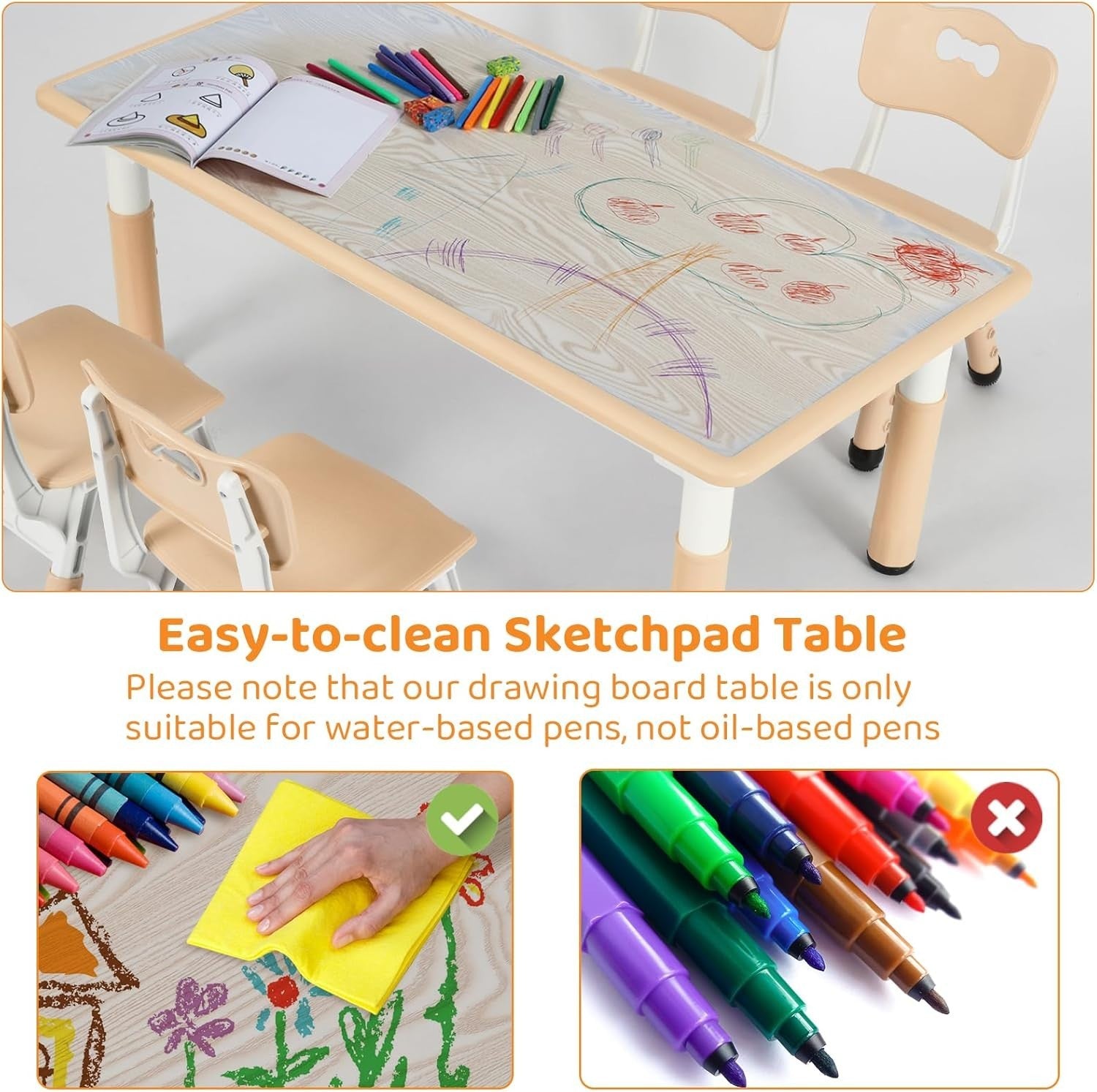 Kids Table and 4 Chairs Set Adjustable Height Durable Plastic Kids Furniture Yel