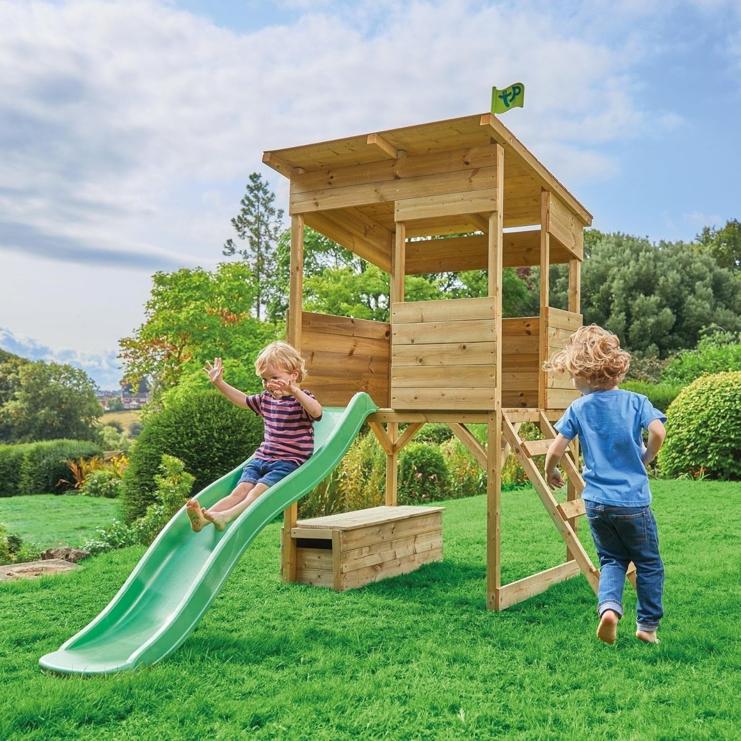 Wooden Tower Kids Playhouse Outdoor w Slide Ladder Toy Box Garden
