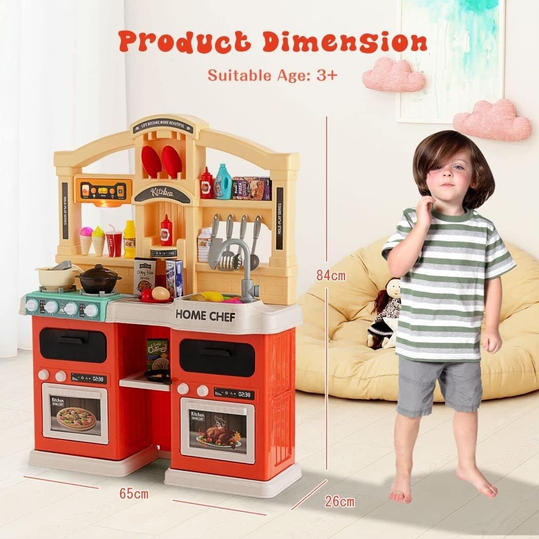 Kids Kitchen Playset w/ 69PCS Lights Sounds Steam Orange Toy