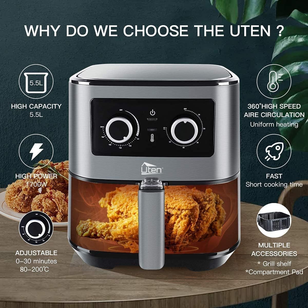 Air Fryer 5.5L 1700W Large Capacity Oil-Free Healthy Cooking Bake Grill Roast