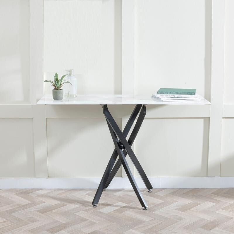 Modern White Glass Console Table with Black Metal Legs – Hallway Accent 120cm