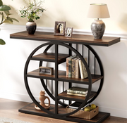 Industrial 5-Tier Console Table with Storage Shelves, Rustic Brown, 100cm