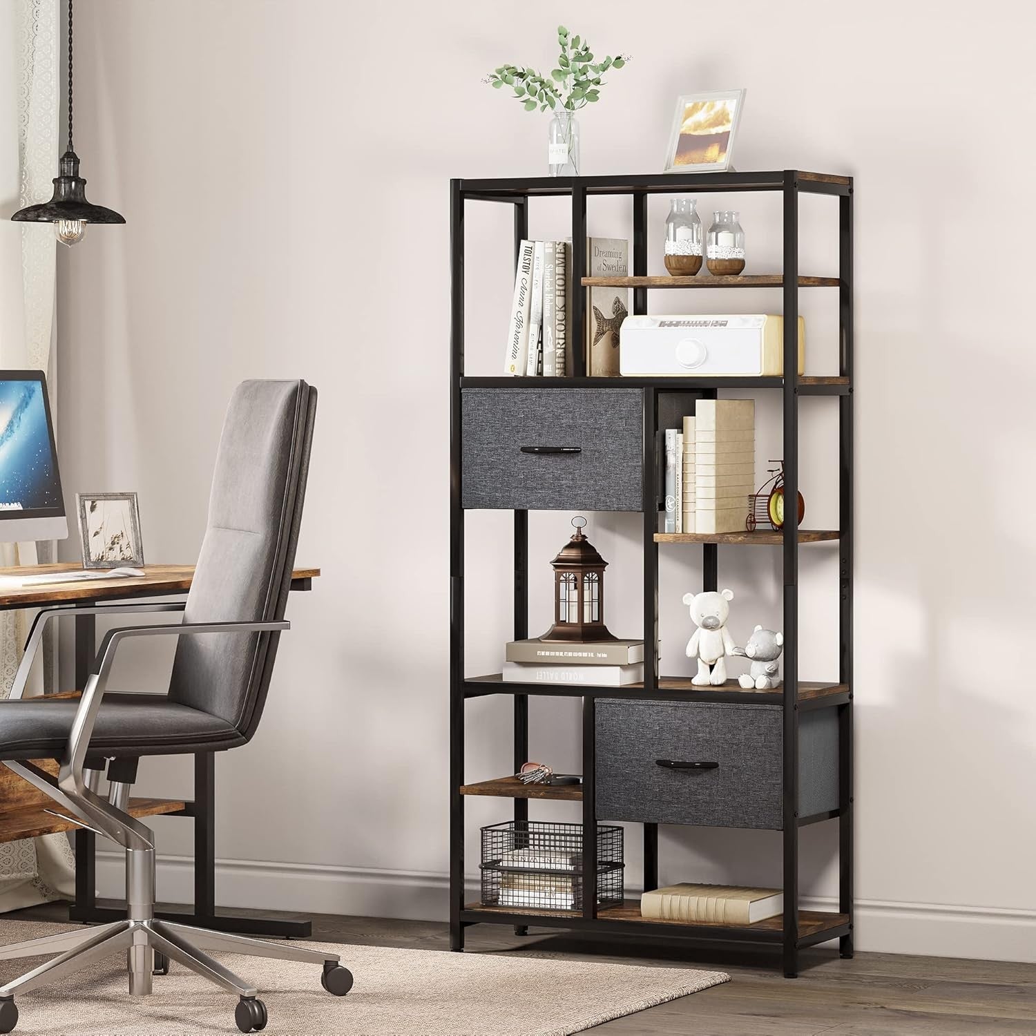 7-Tier Rustic Industrial Bookshelf with Drawers, Tall Display Storage Unit