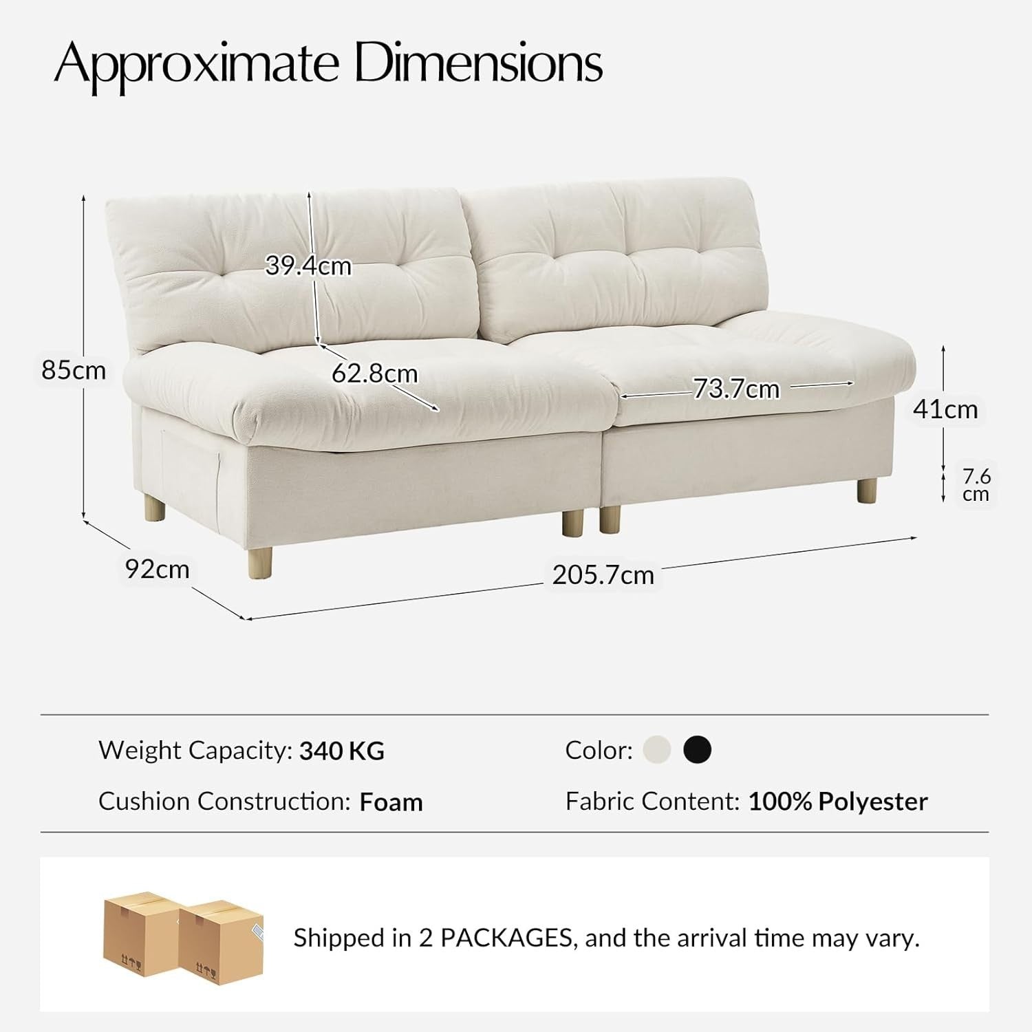 Beige 2 Seater Sofa Deep Seat Loveseat with Storage Modern Tufted Couch
