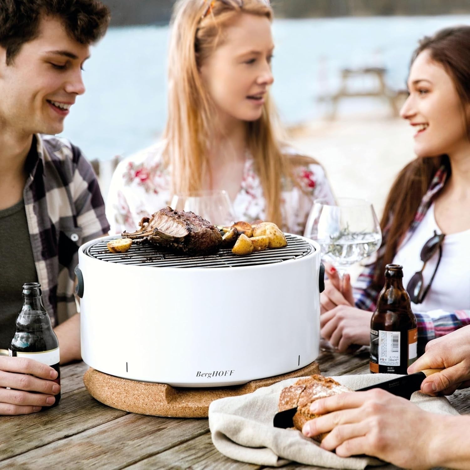Portable Tabletop Charcoal BBQ Grill with Cork Lid Lightweight Outdoor