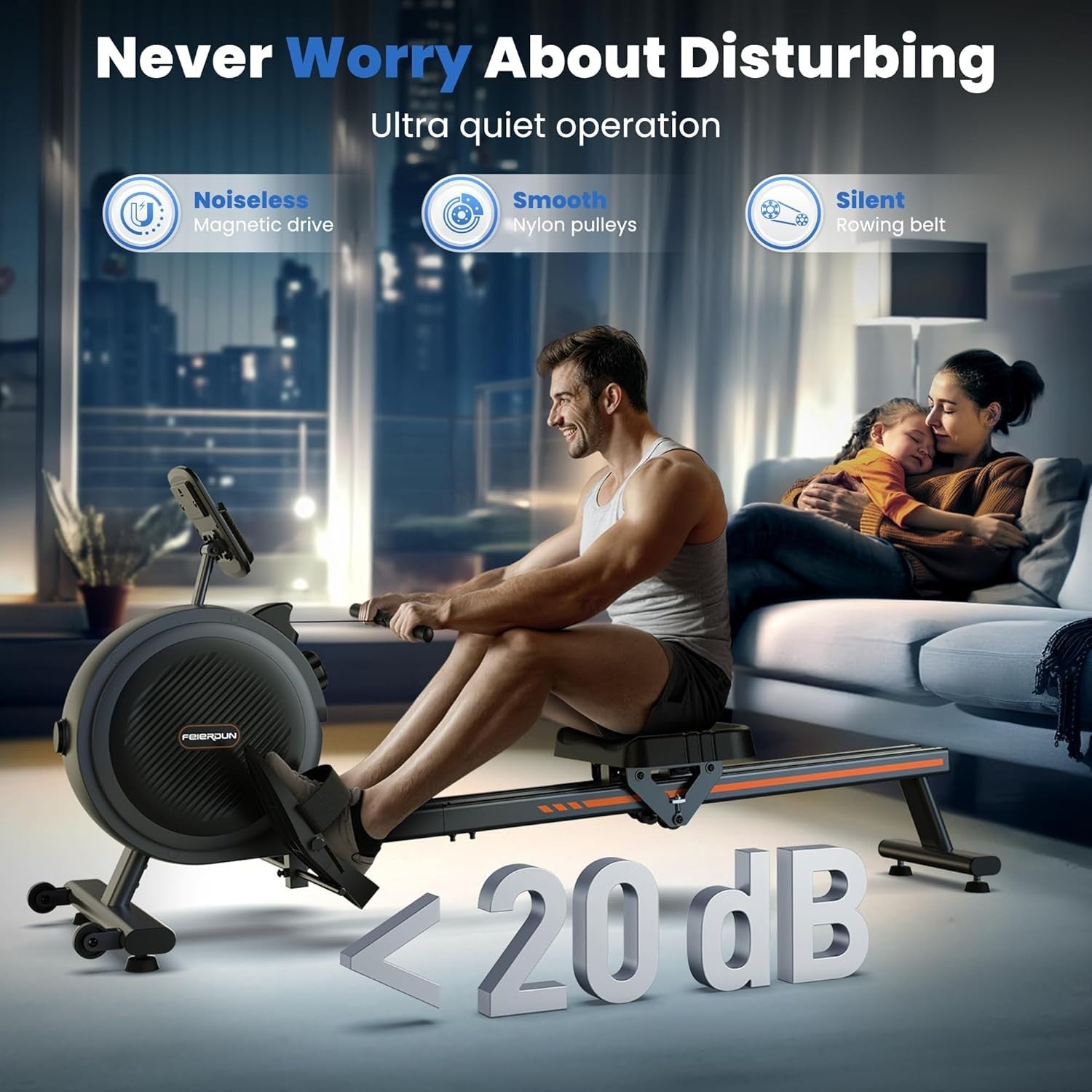 Magnetic Rowing Machine 16-Level Resistance Dual Rail App Smart LCD 350LB Home