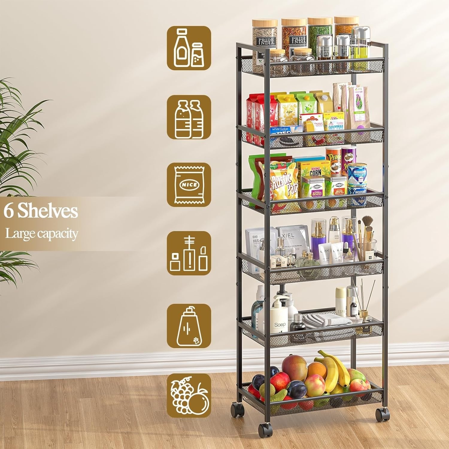 6 Tier Slim Rolling Storage Cart Narrow Utility Shelf with Wheels Black