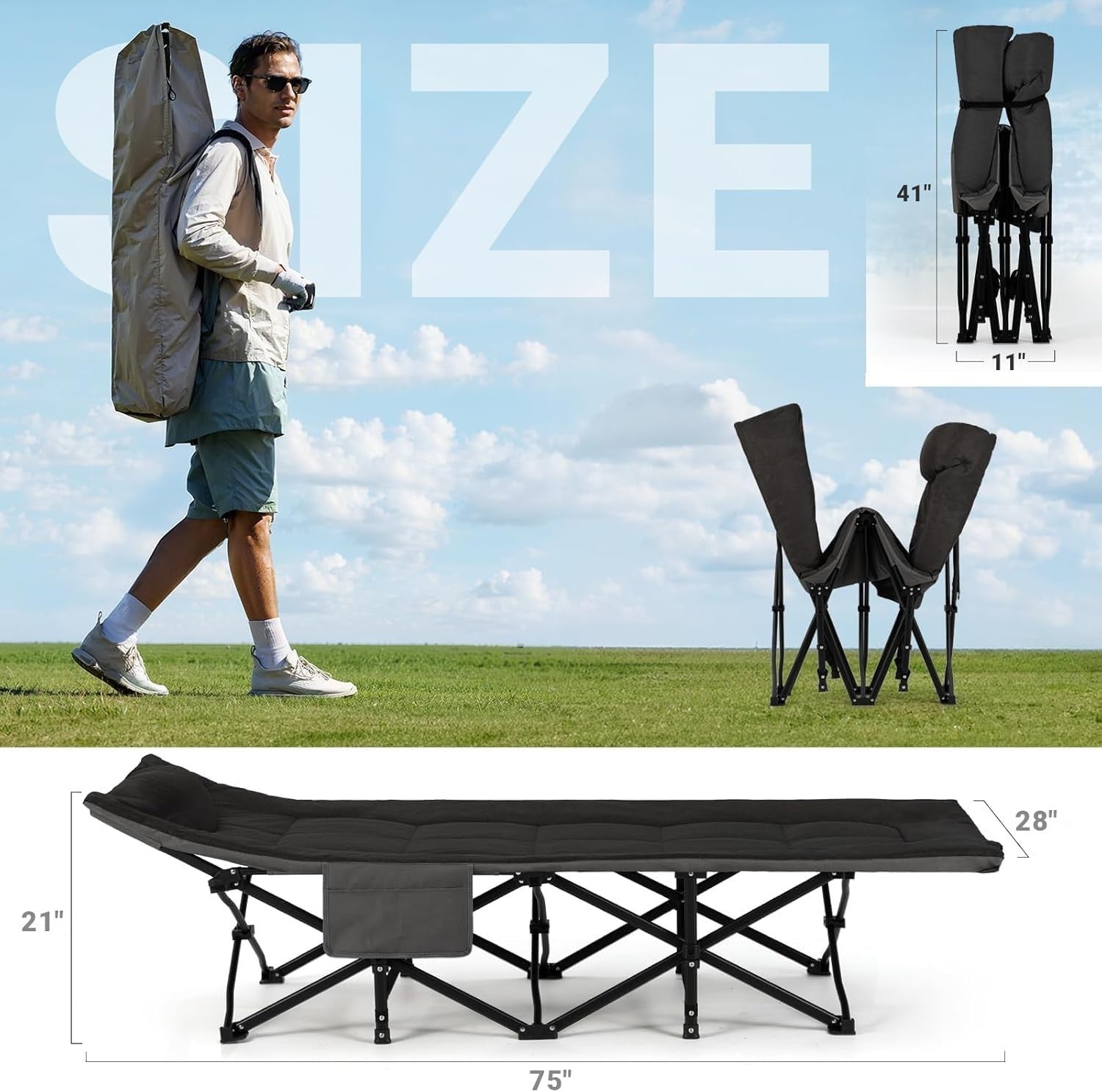 Extra Wide Folding Camping Bed with Cushion & Pillow - Portable Outdoor Cot