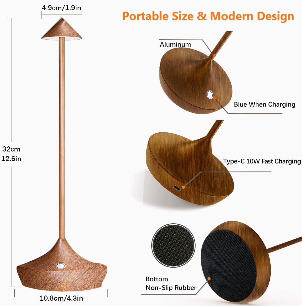 Cordless Rechargeable LED Table Lamps 2pcs Wood Finish, Dimmable & Portable