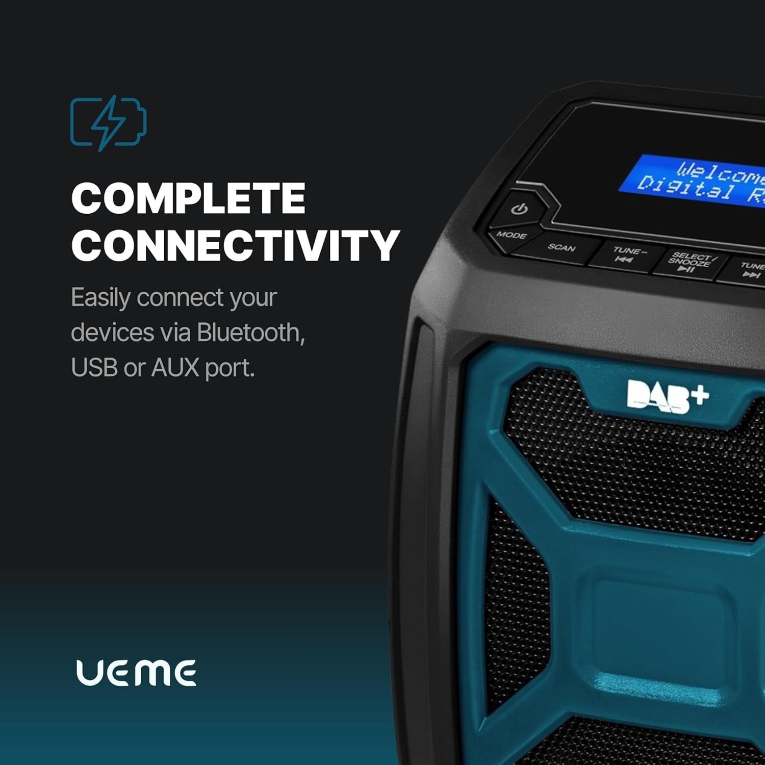 Rugged DAB+ FM Site Radio Bluetooth 6000mAh USB Rechargeable Blue