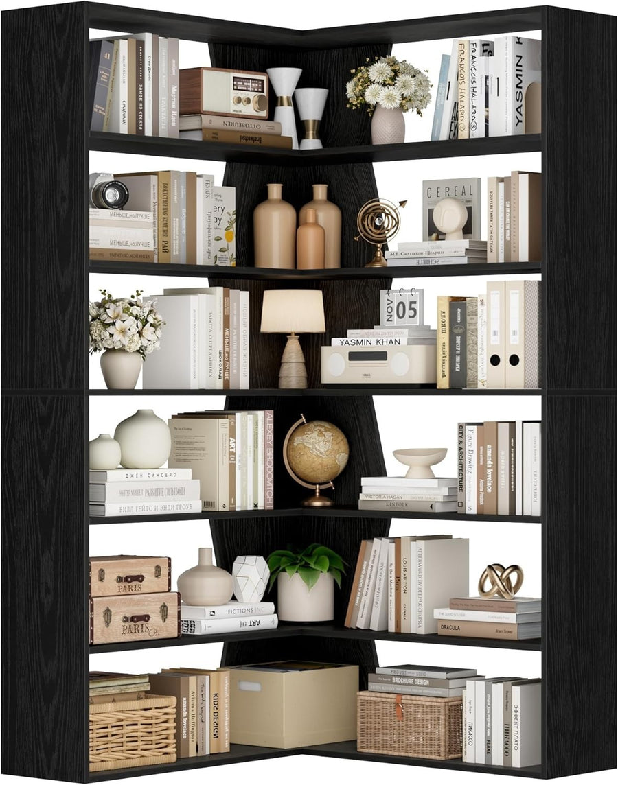 6 Tier White Corner Bookcase L-Shaped Tall Storage Shelf Modern 90x90x190 Black