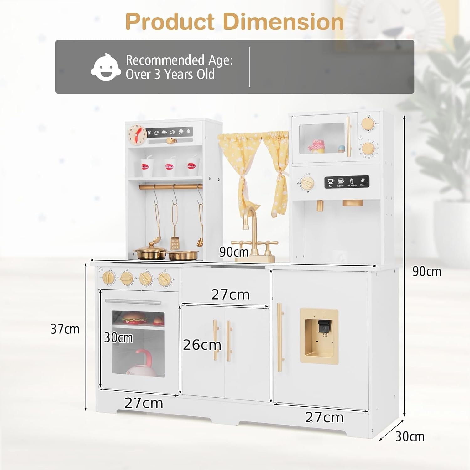 Kids Wooden Play Kitchen Lights Sounds Coffee Maker Microwave White