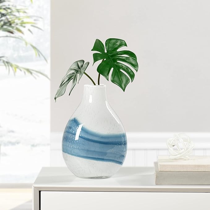 White Hand Blown Glass Vase 27cm Modern Coastal Table Centerpiece Decor