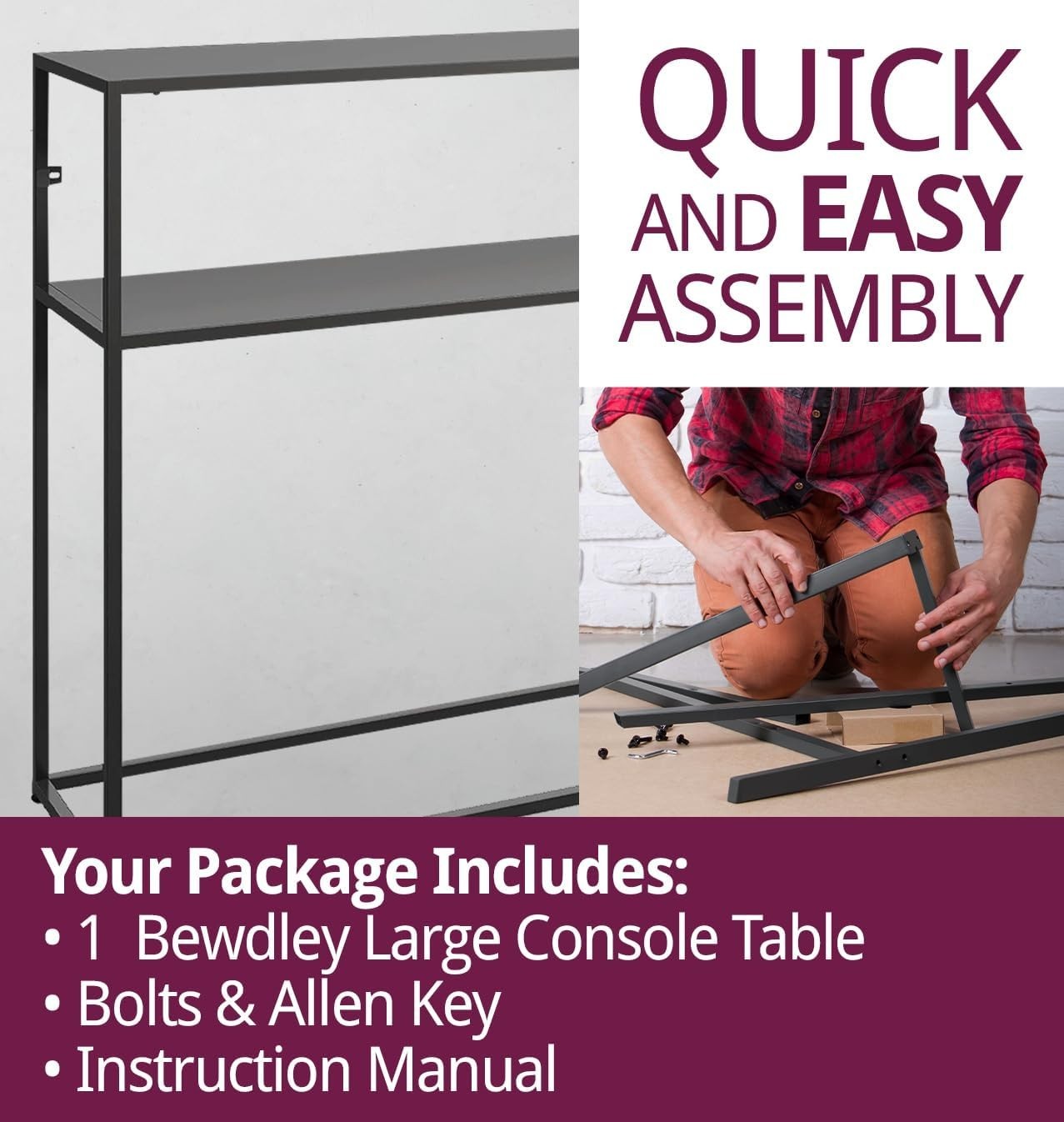 Black Metal Console Table with Shelf, Narrow Hallway Side Table, Storage