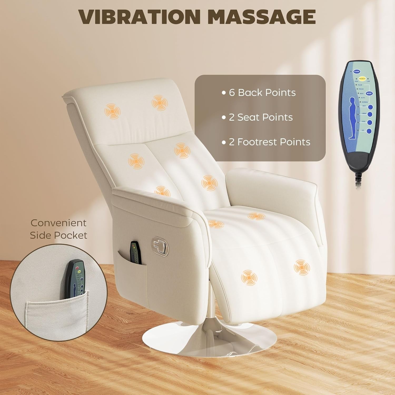Massage Recliner Chair Footstool 10-Point Swivel Linen Armchair Cream White
