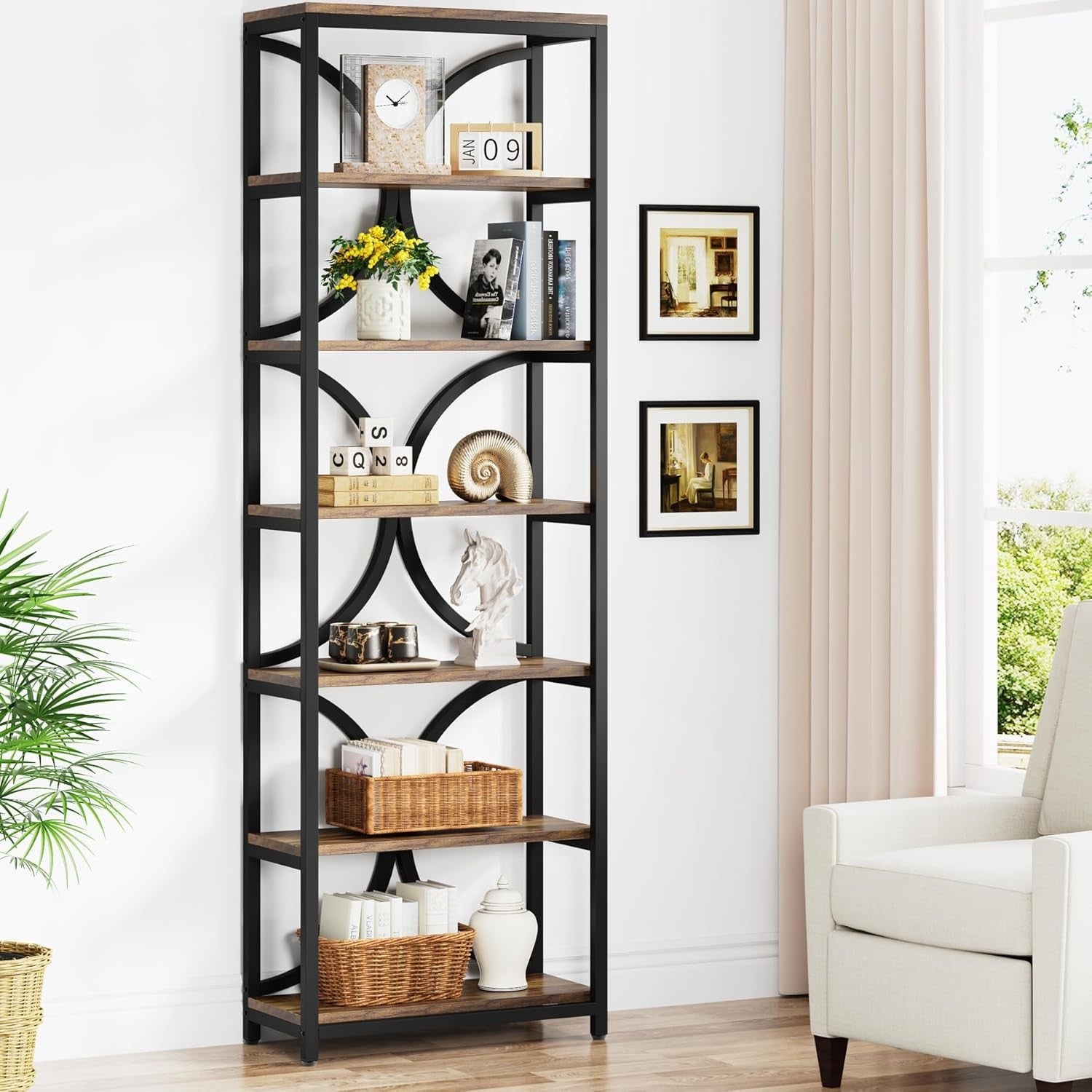 Tall Industrial 6-Tier Bookcase with Metal Frame, Narrow Storage Shelf 200cm