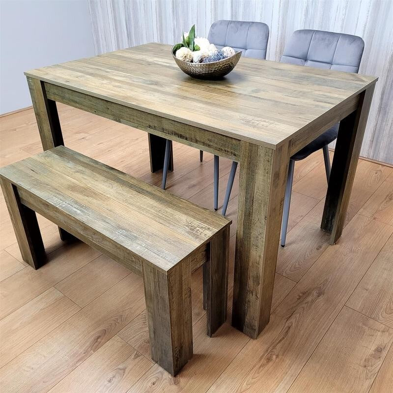 Rustic Dining Table Set with 2 Grey Velvet Chairs & Wooden Bench for 4